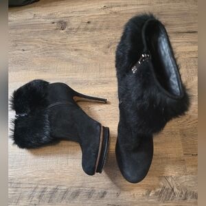 Elegant Black Fur-Trimmed BCBGMaxAzria Suede Boots